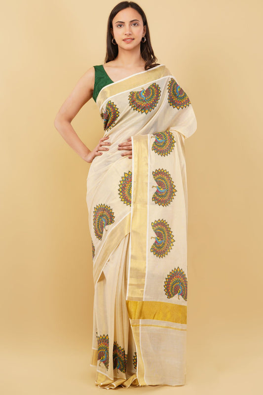 DhevStylish Kerala Kasavu Golden Tissue with Fancy Peacock Design Print Saree with Running Blouse | Tissue Saree For Women | Blue, Green, Red