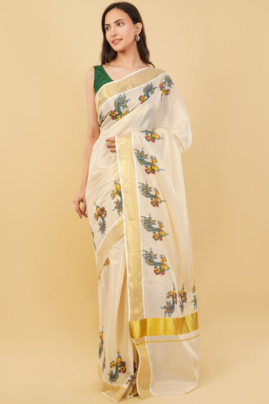DhevStylish Kerala Kasavu Golden Tissue with Fancy Peacock Design Print Saree with Running Blouse | Tissue Saree For Women | Blue, Green, Red