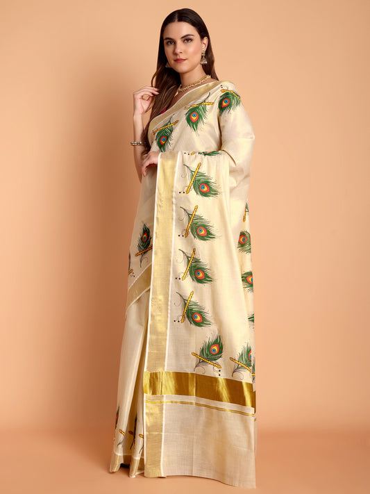 DhevStylish Kerala Kasavu Golden Tissue with Peacock Feather Print Saree with Running Blouse | Green, Red