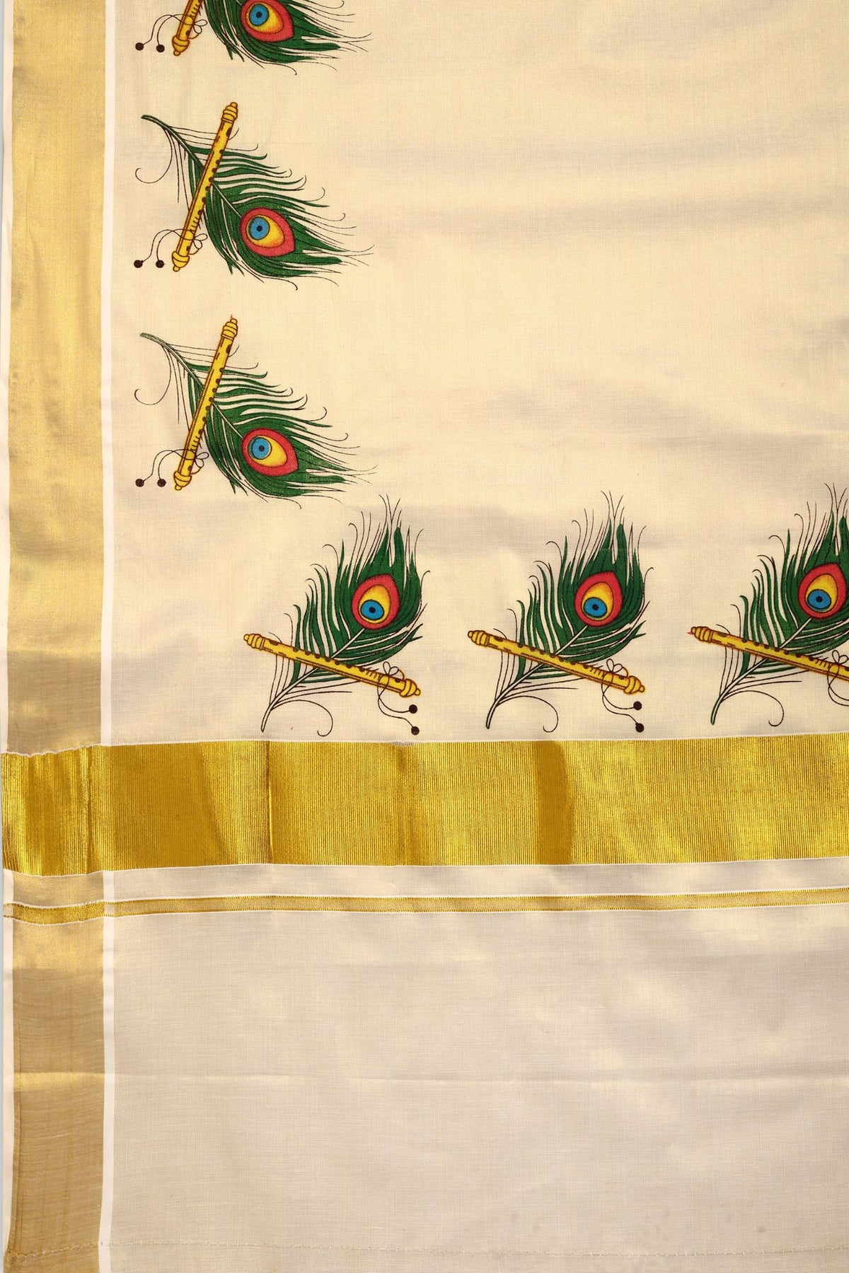 DhevStylish Kerala Kasavu Golden Tissue with Peacock Feather Print Saree with Running Blouse | Green, Red