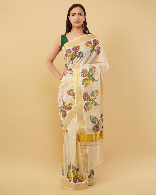 DhevStylish Kerala Kasavu Golden Tissue with Fancy Peacock Design Print Saree with Running Blouse | Blue, Green, Red