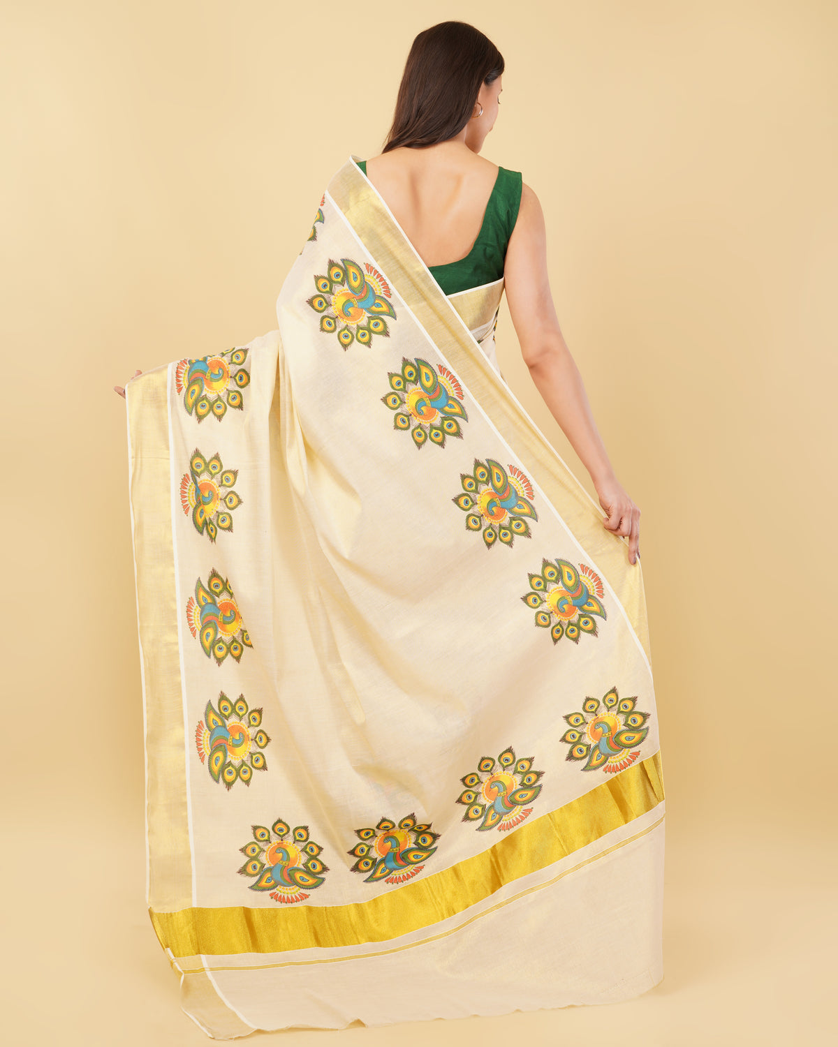 DhevStylish Kerala Kasavu Golden Tissue with Fancy Peacock Design Print Saree with Running Blouse | Tissue Saree For Women | Blue, Green, Red
