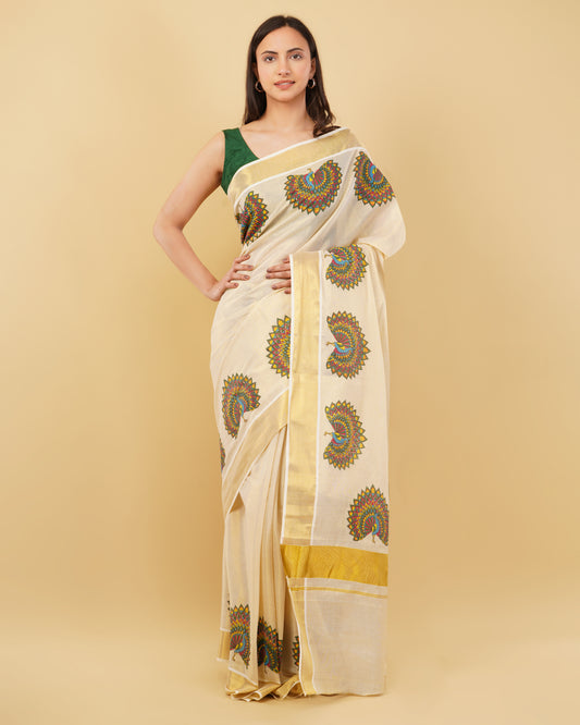 DhevStylish Kerala Kasavu Golden Tissue with Fancy Peacock Design Print Saree with Running Blouse | Tissue Saree For Women | Blue, Green, Red