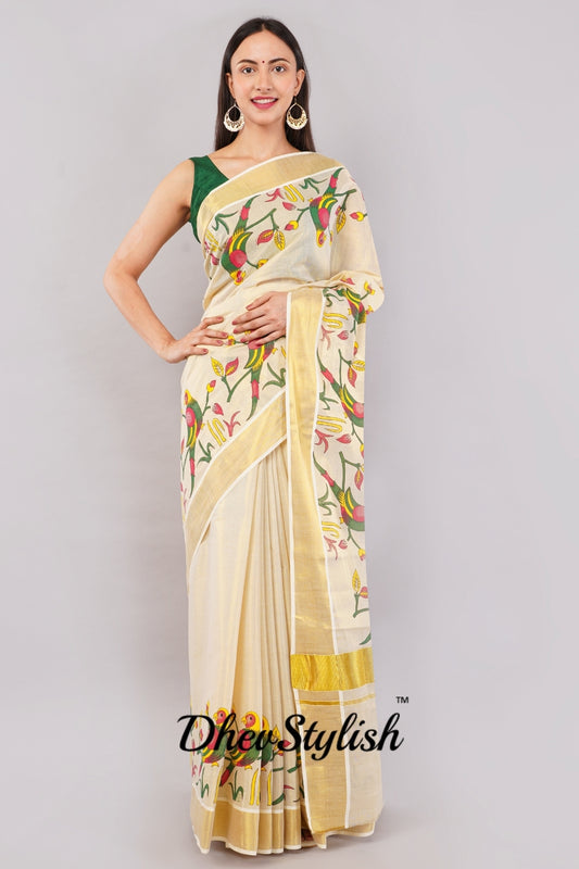 DhevStylish Kerala Kasavu Golden Tissue with Parrot Fancy Design Print Saree with Running Blouse | Green, Red (Blue, Green)