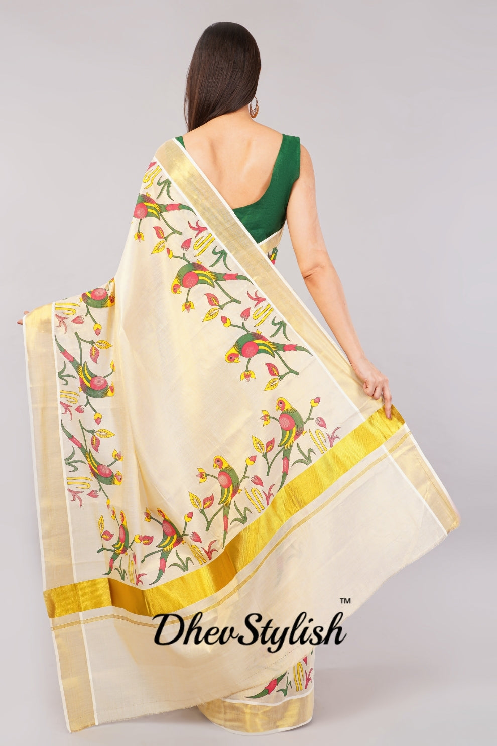 DhevStylish Kerala Kasavu Golden Tissue with Parrot Fancy Design Print Saree with Running Blouse | Green, Red (Blue, Green)