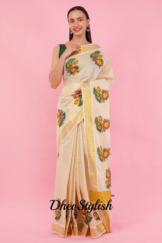 DhevStylish Kerala Kasavu Golden Tissue with Krishna Print Saree with Running Blouse