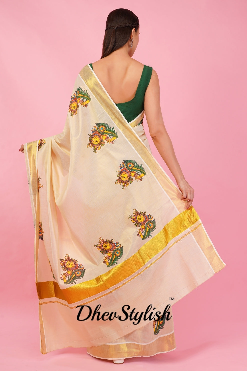 DhevStylish Kerala Kasavu Golden Tissue with Krishna Print Saree with Running Blouse