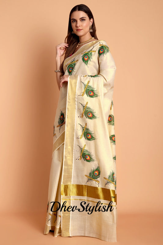 DhevStylish Kerala Kasavu Golden Tissue with Peacock Feather Print Saree with Running Blouse | Green, Red
