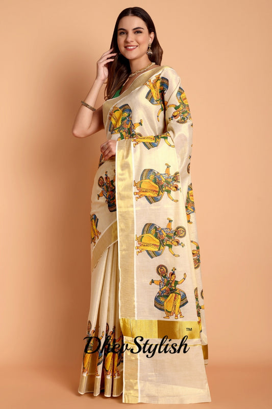 DhevStylish Kerala Kasavu Golden Tissue with Kathakali Print Saree with Running Blouse | Green, Golden Yellow