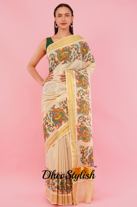DhevStylish Kerala Kasavu Golden Tissue with Climber Dragon Print Design Saree with Running Blouse | Green, Red (Red, Gold)