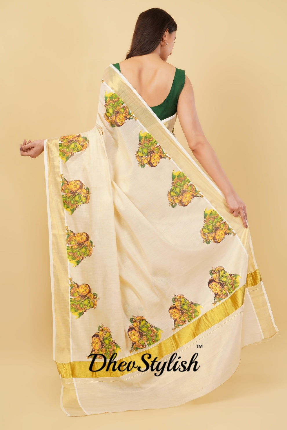 DhevStylish Kerala Kasavu Golden Tissue with Ratha Krishna Design Print Saree with Running Blouse | Tissue Saree For Women | Green, Gold