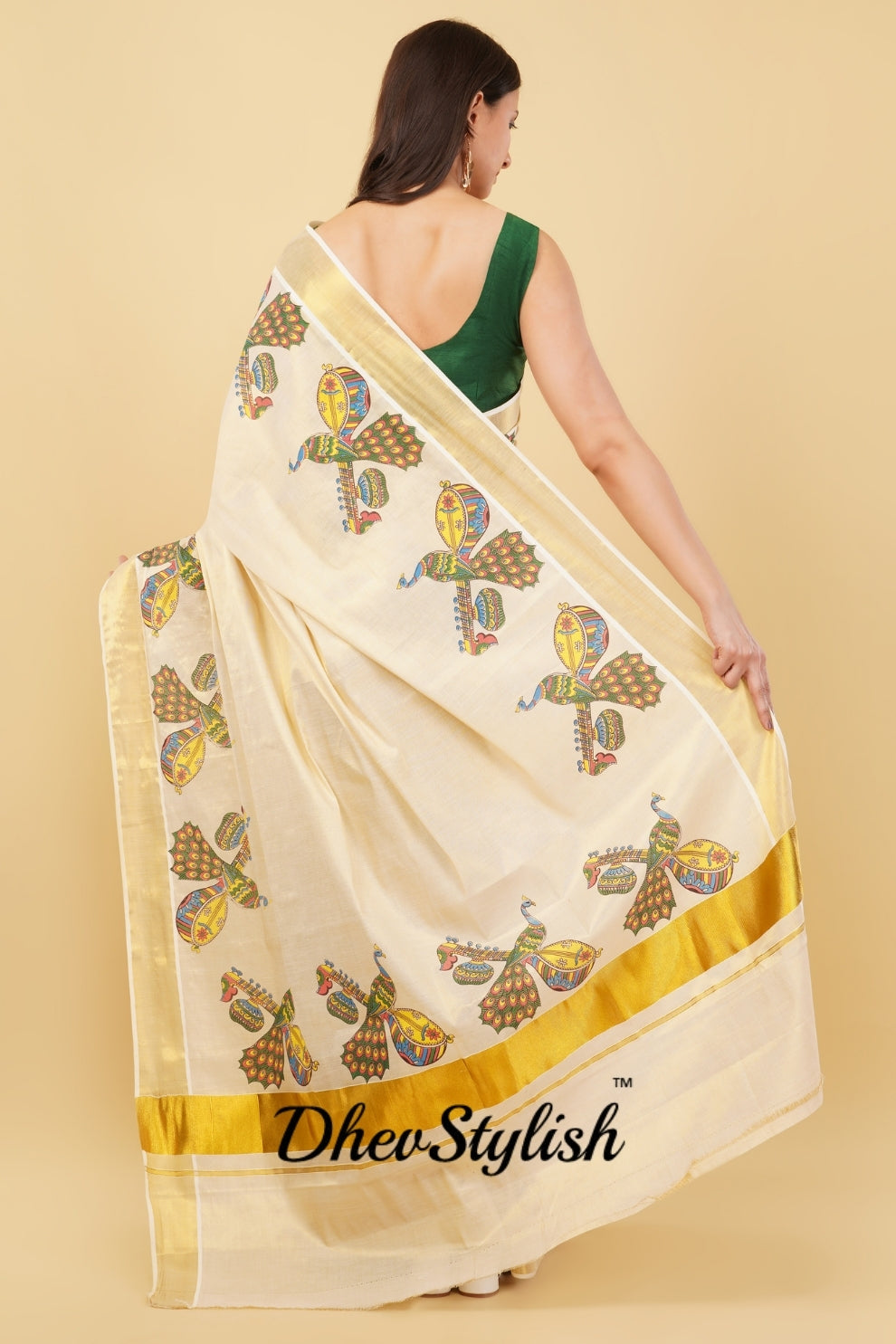 DhevStylish Kerala Kasavu Golden Tissue with Fancy Peacock Design Print Saree with Running Blouse | Blue, Green, Red