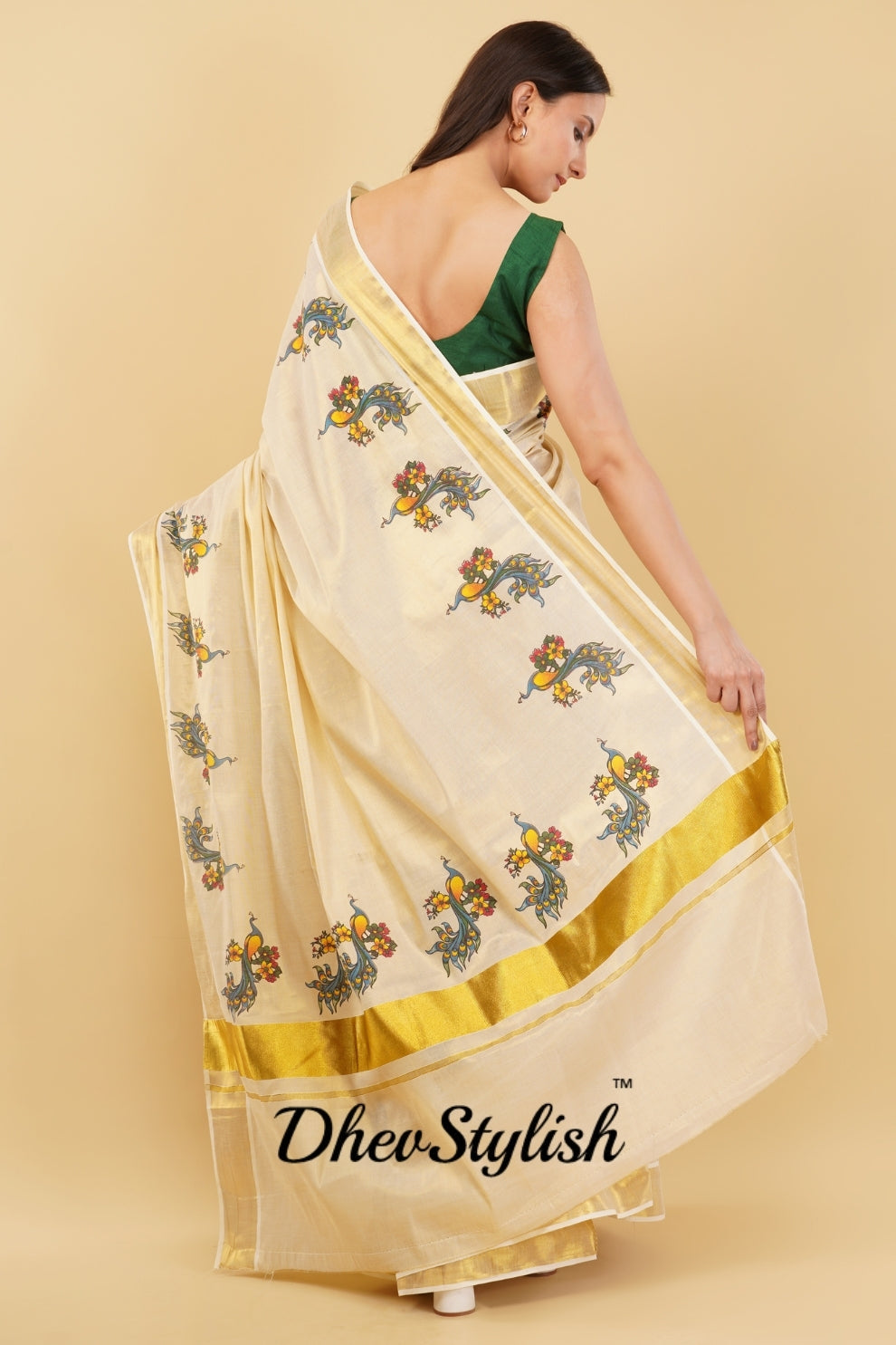 DhevStylish Kerala Kasavu Golden Tissue with Fancy Peacock Design Print Saree with Running Blouse | Tissue Saree For Women | Blue, Green, Red