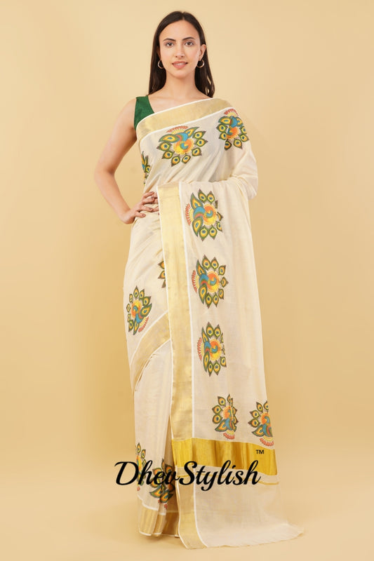 DhevStylish Kerala Kasavu Golden Tissue with Fancy Peacock Design Print Saree with Running Blouse | Tissue Saree For Women | Blue, Green, Red