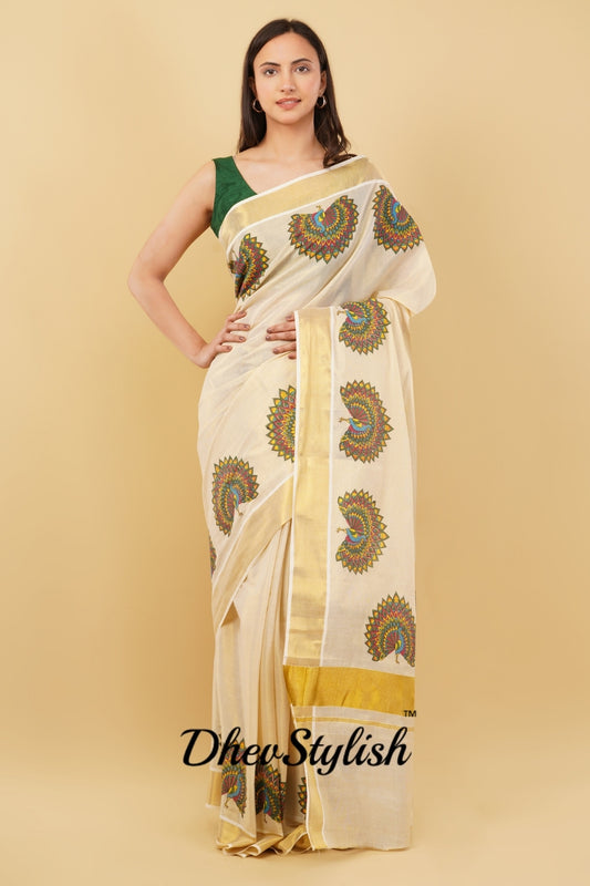DhevStylish Kerala Kasavu Golden Tissue with Fancy Peacock Design Print Saree with Running Blouse | Tissue Saree For Women | Blue, Green, Red