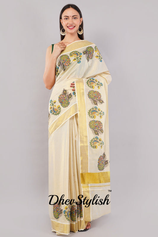 DhevStylish Kerala Kasavu Golden Tissue with Flower Design Print Saree with Running Blouse | Green, Gold