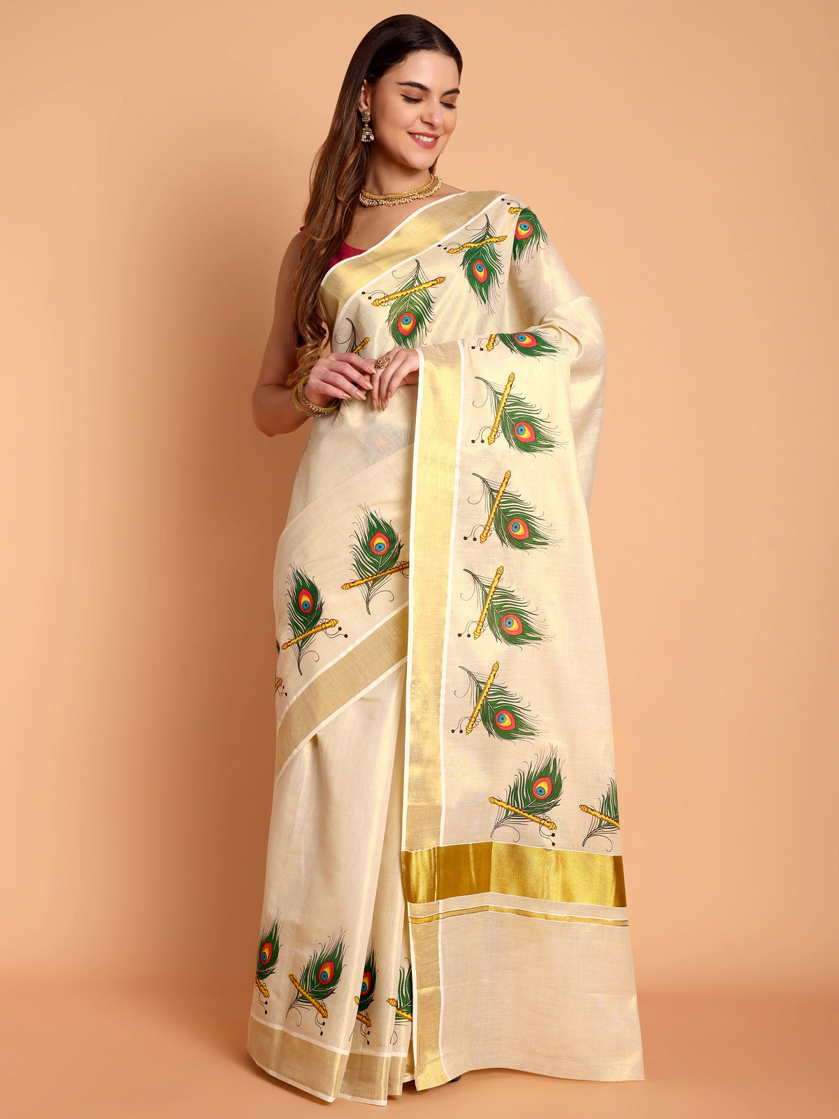 DhevStylish Kerala Kasavu Golden Tissue with Peacock Feather Print Saree with Running Blouse | Green, Red