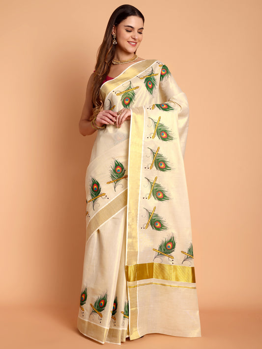 DhevStylish Kerala Kasavu Golden Tissue with Peacock Feather Print Saree with Running Blouse | Green, Red