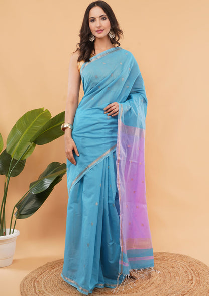 DhevStylish Maheshwari Cotton Saree for Women | Light Blue Soft Lightweight Cotton Saree with Gold Zari Border & Running Blouse Piece | Traditional Handloom Style Ethnic Saree | 6.25 Meter