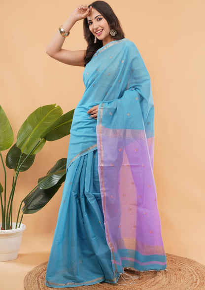 DhevStylish Maheshwari Cotton Saree for Women | Light Blue Soft Lightweight Cotton Saree with Gold Zari Border & Running Blouse Piece | Traditional Handloom Style Ethnic Saree | 6.25 Meter