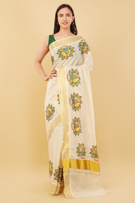 DhevStylish Kerala Kasavu Golden Tissue with Fancy Peacock Design Print Saree with Running Blouse | Tissue Saree For Women | Blue, Green, Red