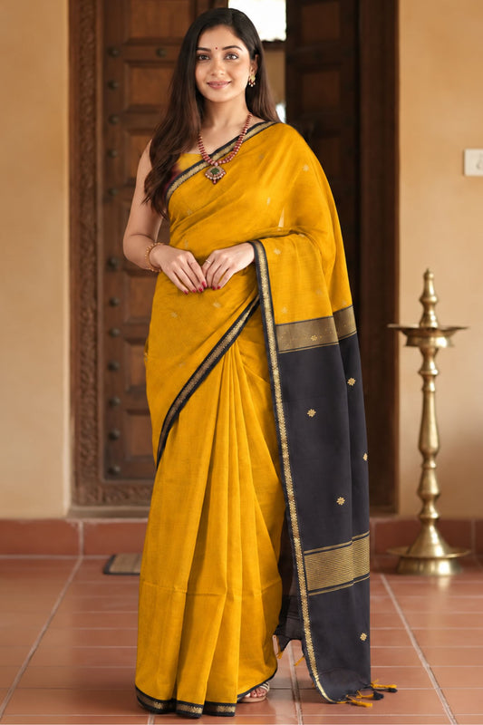 DhevStylish Maheshwari Cotton Saree for Women | cotton Soft Lightweight Cotton Saree with Gold Zari Border & Running Blouse Piece | Traditional Handloom Style Ethnic Saree | 6.25 Meter