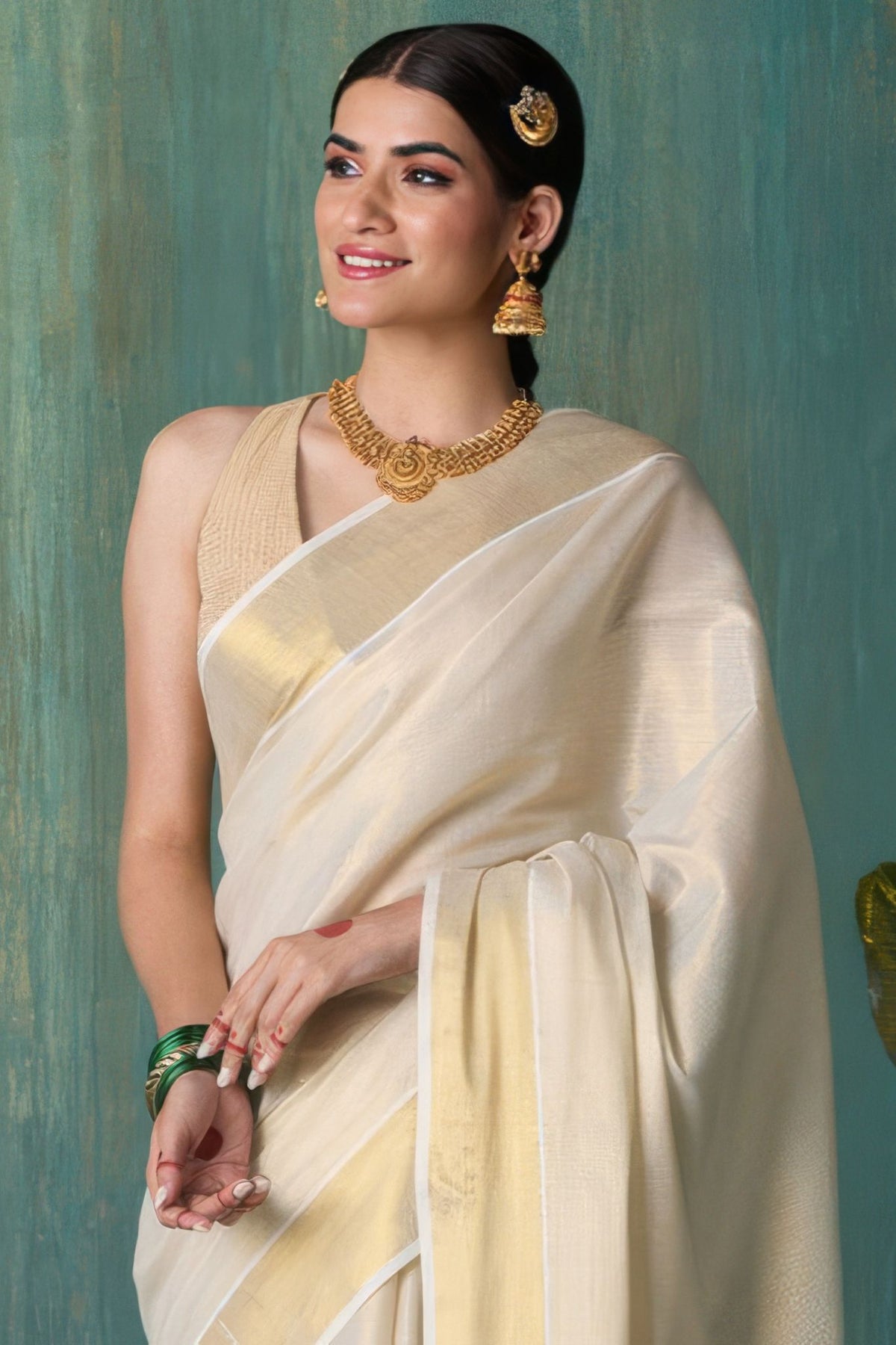 DhevStylish Women's Kerala Kasavu Golden Tissue Plain Saree with Running Blouse | Saree length: 6.25 Meters | Blouse: Running Blouse only