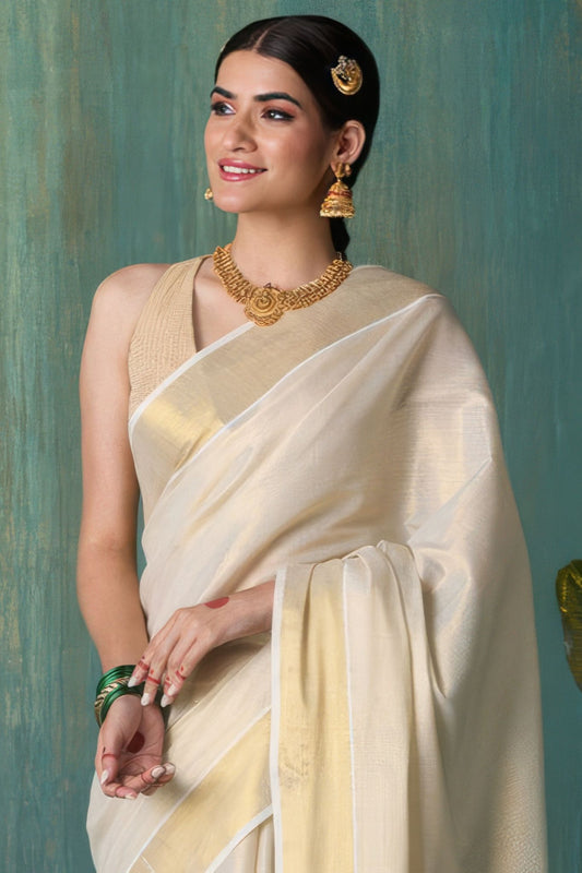 DhevStylish Women's Kerala Kasavu Golden Tissue Plain Saree with Running Blouse | Saree length: 6.25 Meters | Blouse: Running Blouse only