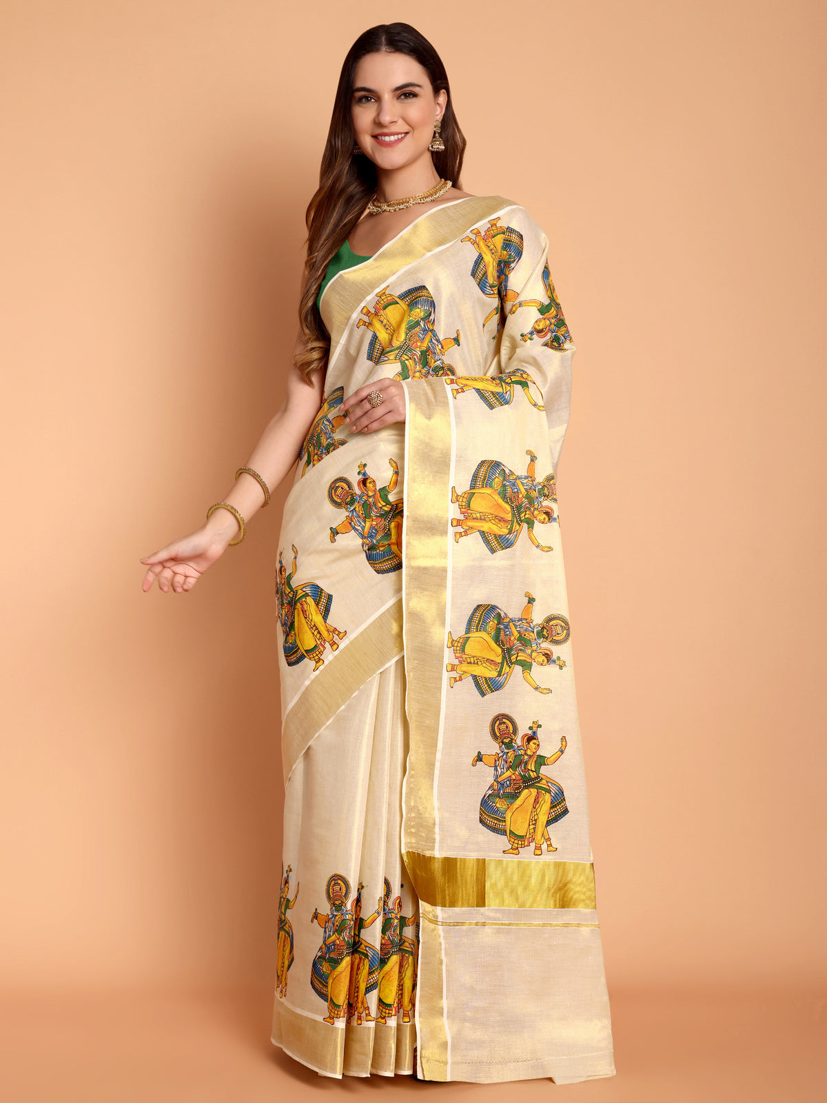 DhevStylish Kerala Kasavu Golden Tissue with Kathakali Print Saree with Running Blouse | Green, Golden Yellow