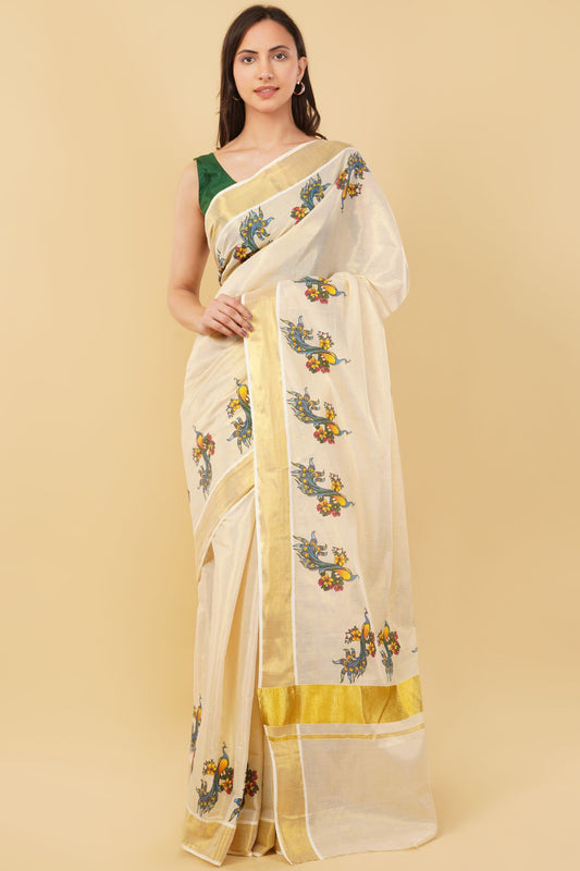 DhevStylish Kerala Kasavu Golden Tissue with Fancy Peacock Design Print Saree with Running Blouse | Tissue Saree For Women | Blue, Green, Red