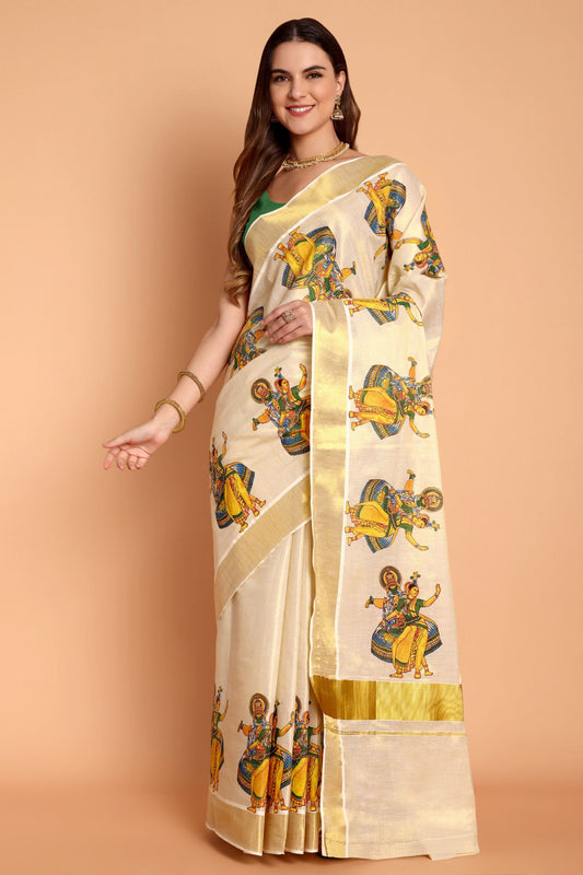 DhevStylish Kerala Kasavu Golden Tissue with Kathakali Print Saree with Running Blouse | Green, Golden Yellow