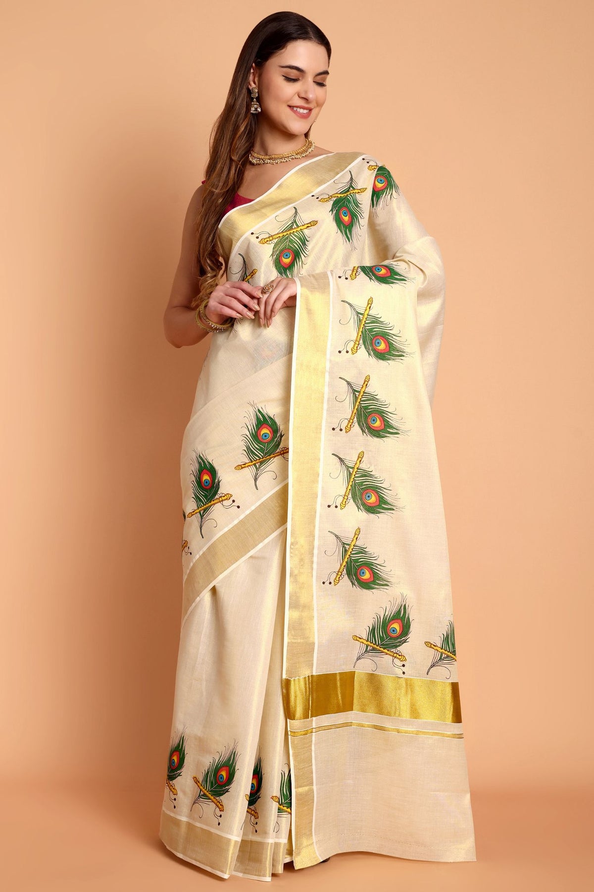 DhevStylish Kerala Kasavu Golden Tissue with Peacock Feather Print Saree with Running Blouse | Green, Red
