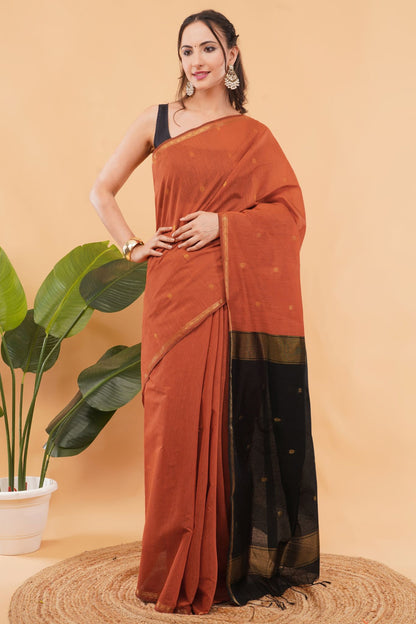 DhevStylish Maheshwari Cotton Saree for Women | cotton Soft Lightweight Cotton Saree with Gold Zari Border & Running Blouse Piece | Traditional Handloom Style Ethnic Saree | 6.25 Meter