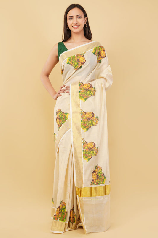 DhevStylish Kerala Kasavu Golden Tissue with Ratha Krishna Design Print Saree with Running Blouse | Tissue Saree For Women | Green, Gold