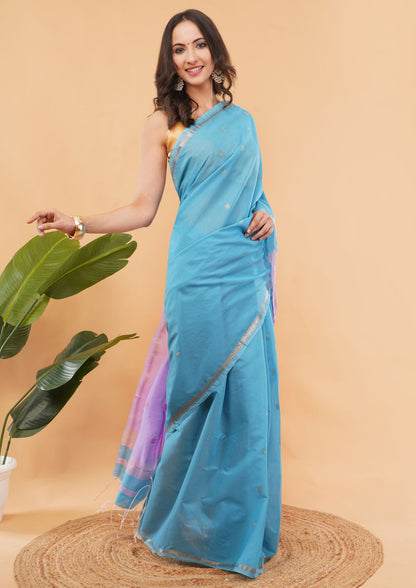 DhevStylish Maheshwari Cotton Saree for Women | Light Blue Soft Lightweight Cotton Saree with Gold Zari Border & Running Blouse Piece | Traditional Handloom Style Ethnic Saree | 6.25 Meter