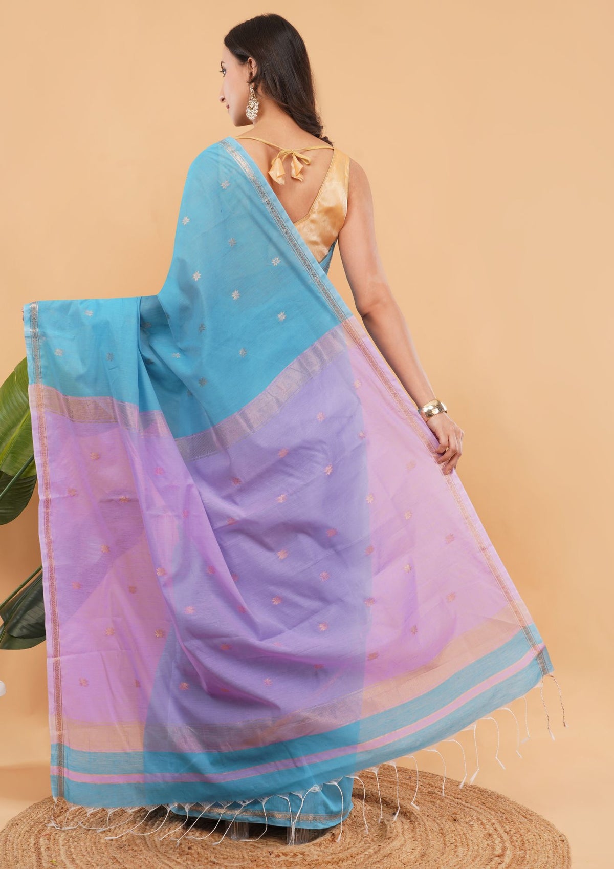 DhevStylish Maheshwari Cotton Saree for Women | Light Blue Soft Lightweight Cotton Saree with Gold Zari Border & Running Blouse Piece | Traditional Handloom Style Ethnic Saree | 6.25 Meter
