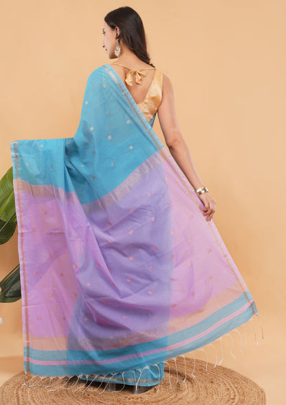DhevStylish Maheshwari Cotton Saree for Women | Light Blue Soft Lightweight Cotton Saree with Gold Zari Border & Running Blouse Piece | Traditional Handloom Style Ethnic Saree | 6.25 Meter