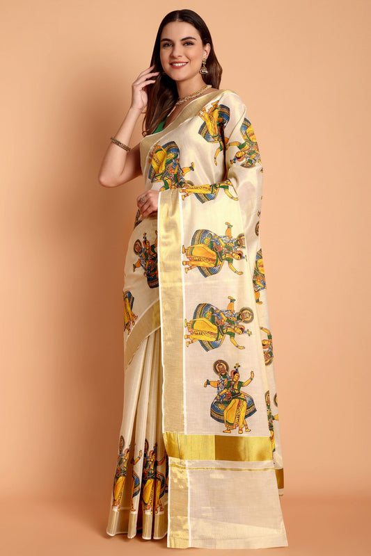 DhevStylish Kerala Kasavu Golden Tissue with Kathakali Print Saree with Running Blouse | Green, Golden Yellow