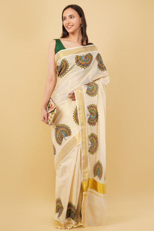 DhevStylish Kerala Kasavu Golden Tissue with Fancy Peacock Design Print Saree with Running Blouse | Tissue Saree For Women | Blue, Green, Red