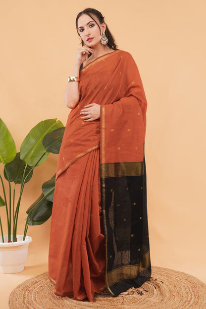 DhevStylish Maheshwari Cotton Saree for Women | cotton Soft Lightweight Cotton Saree with Gold Zari Border & Running Blouse Piece | Traditional Handloom Style Ethnic Saree | 6.25 Meter