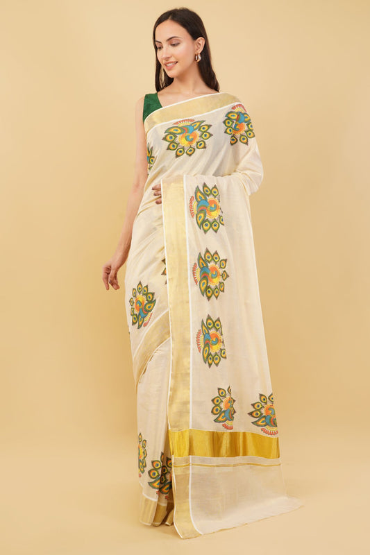 DhevStylish Kerala Kasavu Golden Tissue with Fancy Peacock Design Print Saree with Running Blouse | Tissue Saree For Women | Blue, Green, Red