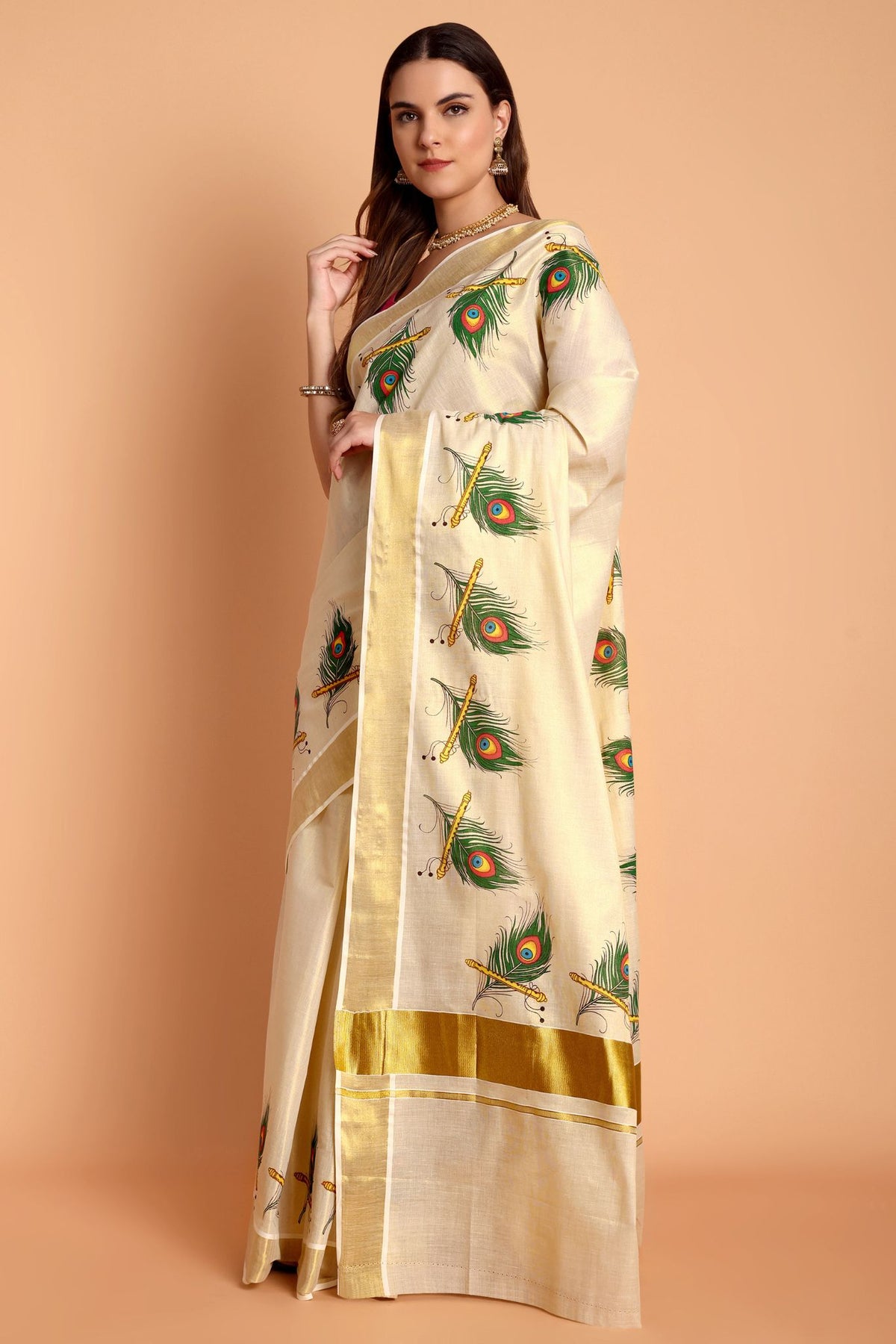 DhevStylish Kerala Kasavu Golden Tissue with Peacock Feather Print Saree with Running Blouse | Green, Red