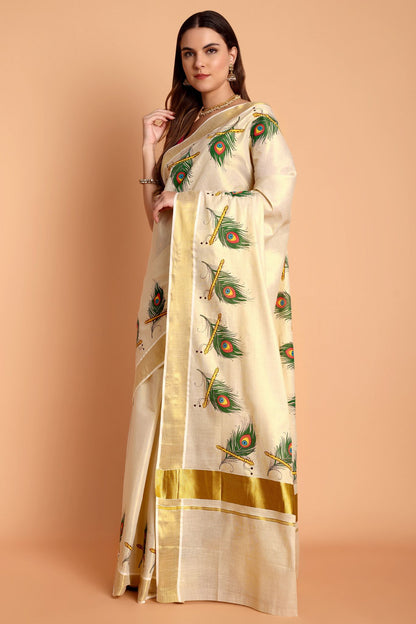 DhevStylish Kerala Kasavu Golden Tissue with Peacock Feather Print Saree with Running Blouse | Green, Red