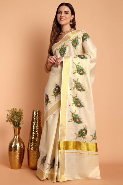DhevStylish Kerala Kasavu Golden Tissue with Peacock Feather Print Saree with Running Blouse | Green, Red