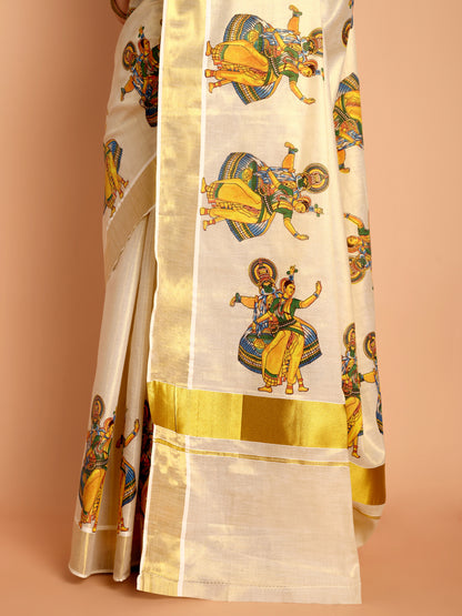DhevStylish Kerala Kasavu Golden Tissue with Kathakali Print Saree with Running Blouse | Green, Golden Yellow