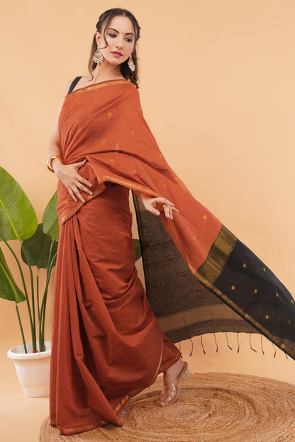 DhevStylish Maheshwari Cotton Saree for Women | cotton Soft Lightweight Cotton Saree with Gold Zari Border & Running Blouse Piece | Traditional Handloom Style Ethnic Saree | 6.25 Meter