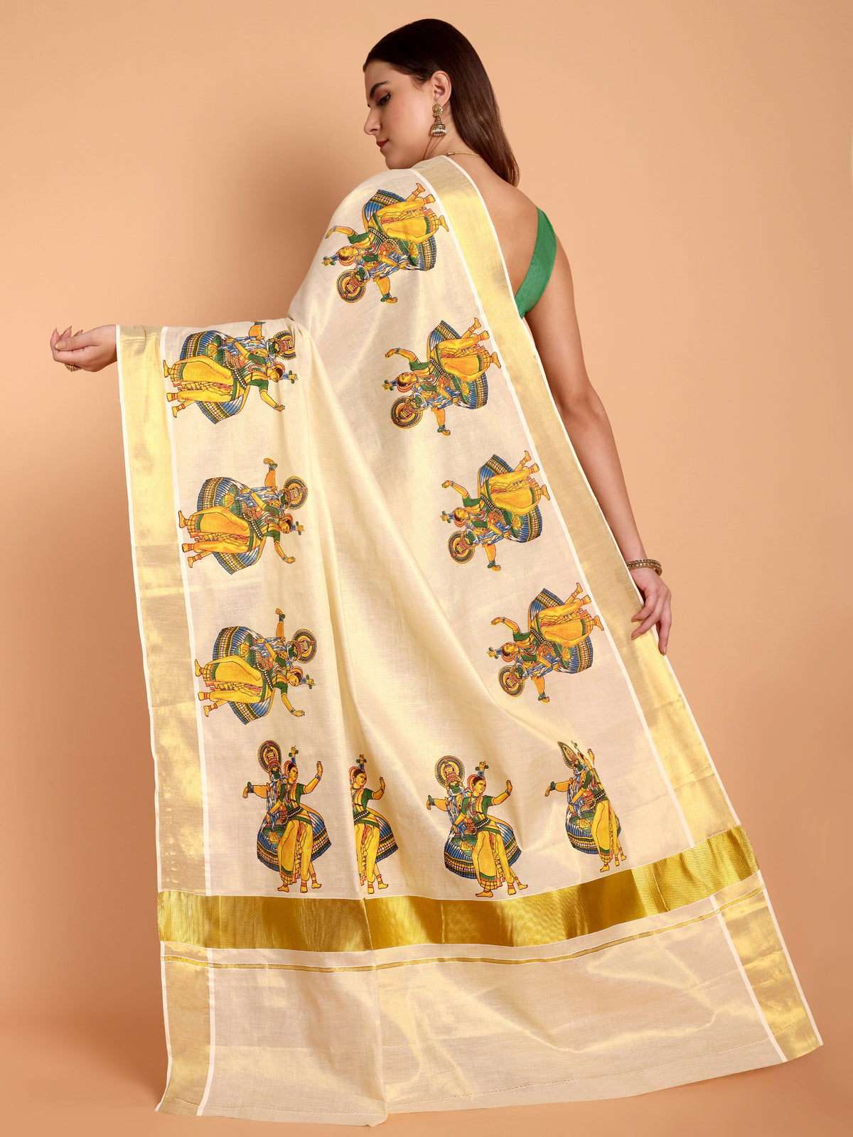 DhevStylish Kerala Kasavu Golden Tissue with Kathakali Print Saree with Running Blouse | Green, Golden Yellow