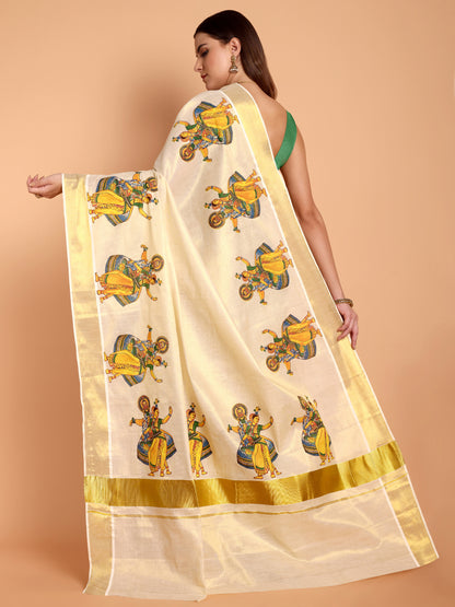 DhevStylish Kerala Kasavu Golden Tissue with Kathakali Print Saree with Running Blouse | Green, Golden Yellow
