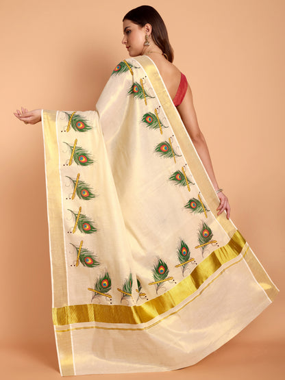 DhevStylish Kerala Kasavu Golden Tissue with Peacock Feather Print Saree with Running Blouse | Green, Red