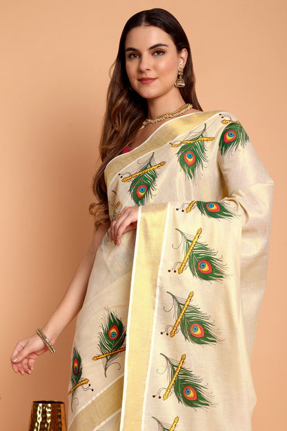 DhevStylish Kerala Kasavu Golden Tissue with Peacock Feather Print Saree with Running Blouse | Green, Red